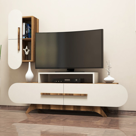 Ensemble Meuble TV avec Étagère Murale - 145 x 50 x 37 cm - Noyer et Crème
