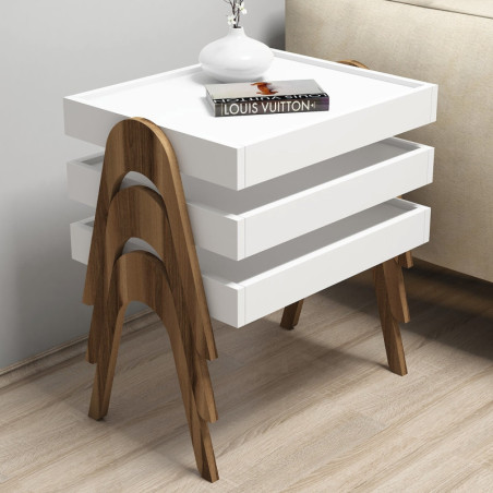 Lot de 3 Tables Gigognes - 54 x 64 x 40 cm - Noyer et Blanc