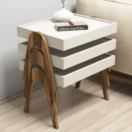 Lot de 3 Tables Gigognes - 54 x 64 x 40 cm - Noyer et Crème