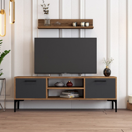 Ensemble Meuble TV avec Étagère Murale - 140 x 48 x 30 cm - Noyer et Anthracite