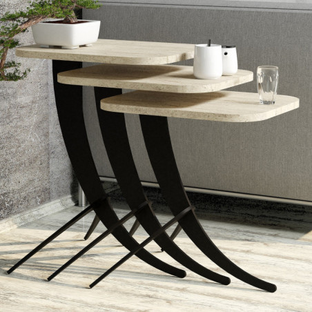 Lot de 3 Tables Gigognes - 35 x 60 x 45 cm - Effet Travertin