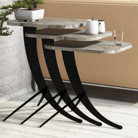 Lot de 3 Tables Gigognes - 35 x 45 x 60 cm - Effet Marbre Blanc et Noir