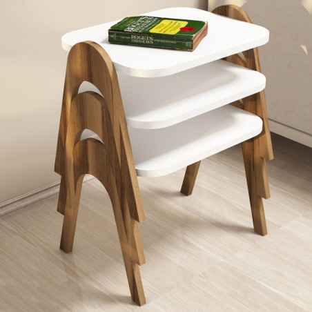 Lot de 3 Tables Gigognes - 49 x 42 x 36 cm - Noyer et Blanc