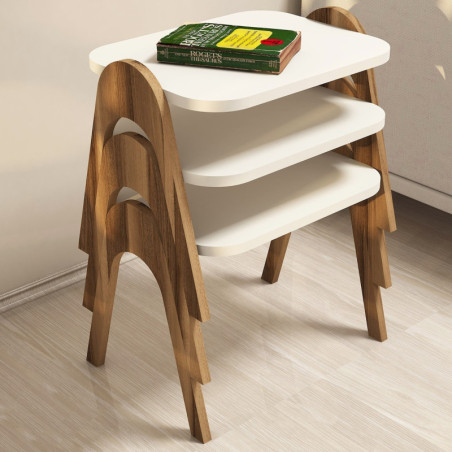 Lot de 3 Tables Gigognes - 49 x 42 x 36 cm - Noyer et Crème