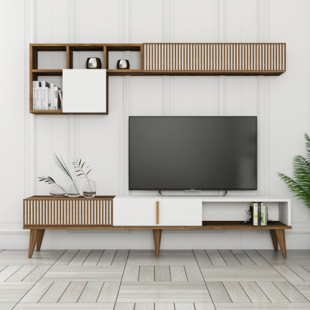 Ensemble Meuble TV avec Étagère Murale - 180 x 40 x 35 cm - Noyer et Blanc