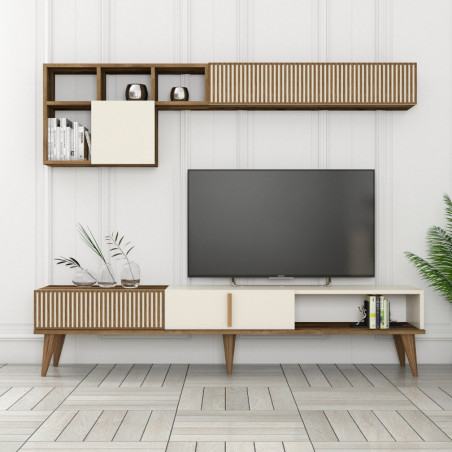 Ensemble Meuble TV avec Étagère Murale - 180 x 40 x 35 cm - Noyer et Crème