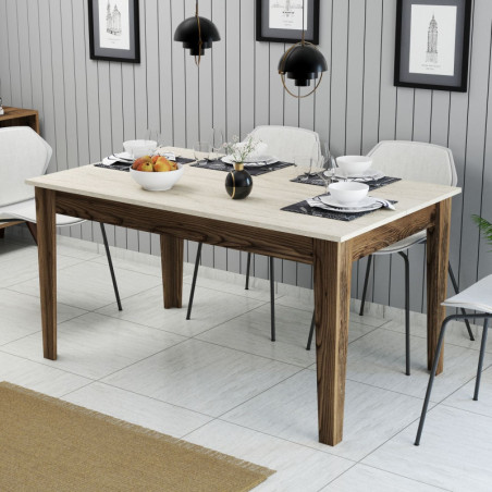 Table à Manger avec Rangement - 145 x 75 x 88 cm - Noyer et Effet Travertin