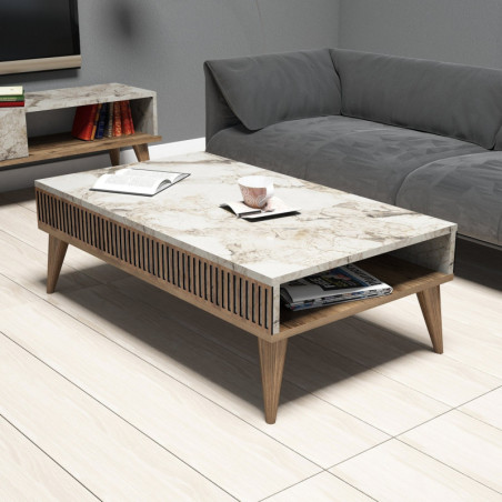 Table Basse - 105 x 35 x 60 cm - Noyer et Effet Marbre Blanc