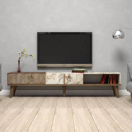 Meuble TV avec Étagères - 180 x 40 x 35 cm - Noyer et Effet Marbre Blanc