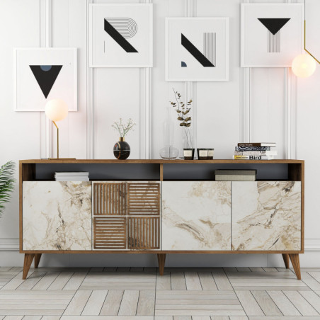 Console d'Entrée sur Pieds avec Étagères - 180 x 78 x 35 cm - Noyer et Effet Marbre Blanc