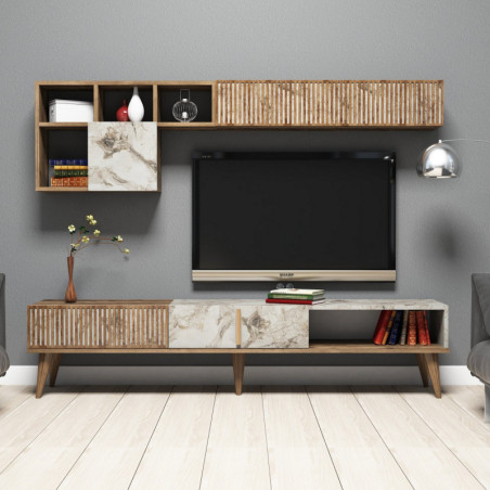 Ensemble Meuble TV avec 2 Étagères Murales - 180 x 40 x 35 cm - Noyer et Effet Marbre Blanc