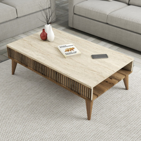 Table Basse - 105 x 35 x 60 cm - Noyer et Effet Travertin