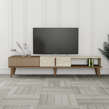 Meuble TV avec Étagères - 180 x 40 x 35 cm - Noyer et Effet Travertin