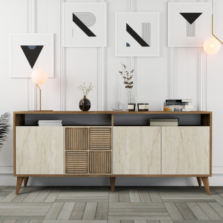 Console d'Entrée sur Pieds avec Étagères - 180 x 78 x 35 cm - Noyer et Effet Travertin