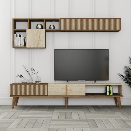 Ensemble Meuble TV avec Étagère Murale - 180 x 40 x 35 cm - Noyer et Effet Travertin