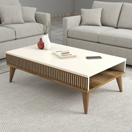 Table Basse avec Étagères - 105 x 35 x 60 cm - Noyer et Crème
