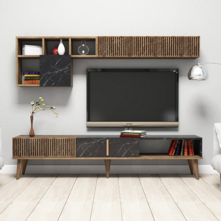 Ensemble Meuble TV avec 2 Étagères Murales - 180 x 40 x 35 cm - Noyer et Noir