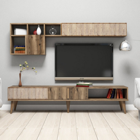 Ensemble Meuble TV avec 2 Étagères Murales - 180 x 40 x 35 cm - Noyer
