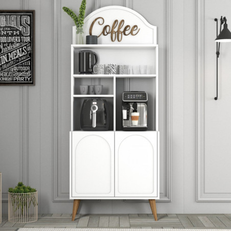 Meuble Bar à Café avec Étagères - 81 x 201 x 35 cm - Blanc et Noyer