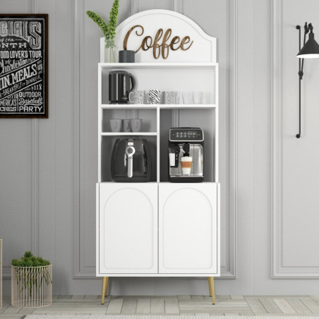Meuble Bar à Café avec Étagères - 81 x 201 x 35 cm - Blanc et Doré