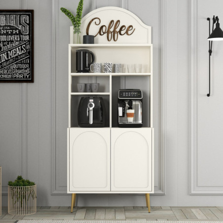 Meuble Bar à Café avec Étagères - 81 x 201 x 35 cm - Crème et Doré