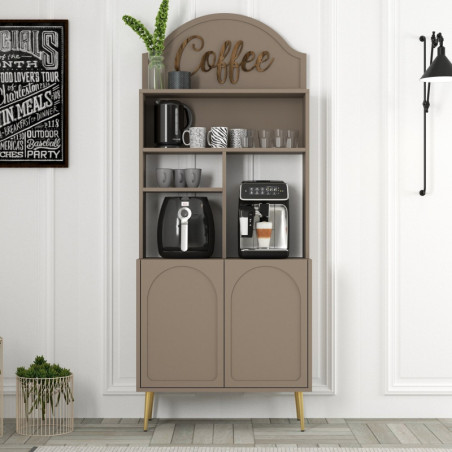 Meuble Bar à Café avec Étagères - 81 x 201 x 35 cm - Décor Atlas et Doré