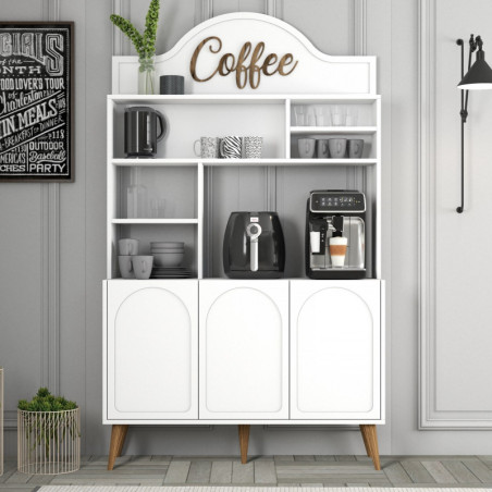 Meuble Bar à Café avec Étagères - 120 x 202 x 35 cm - Blanc et Noyer