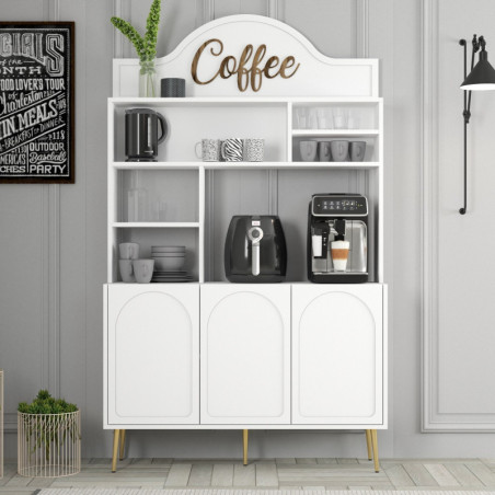 Meuble Bar à Café avec Étagères - 120 x 202 x 35 cm - Blanc et Doré