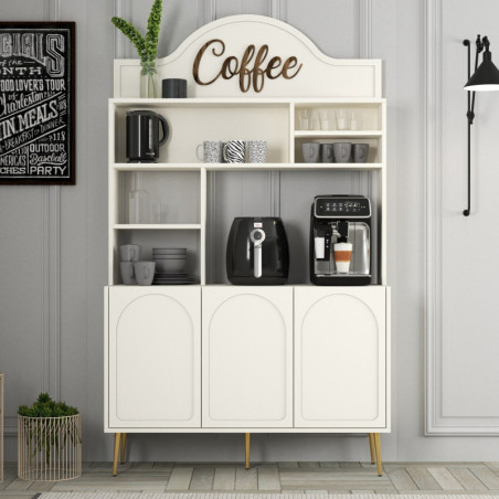 Meuble Bar à Café avec Étagères - 120 x 202 x 35 cm - Crème et Doré