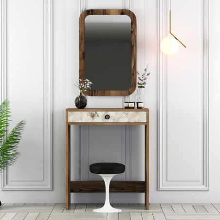 Coiffeuse avec Miroir - 70 x 40 x 85 cm - Noyer, Blanc et Effet Marbre