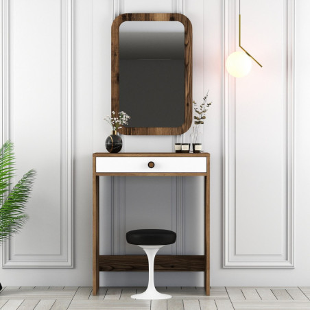 Coiffeuse avec Miroir - 70 x 40 x 85 cm - Noyer et Blanc