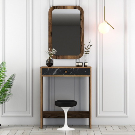 Coiffeuse avec Miroir - 70 x 40 x 85 cm - Noyer, Noir et Effet Marbre