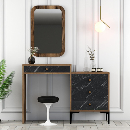 Coiffeuse avec Miroir - 124 x 85 x 40 cm - Noyer et Noir
