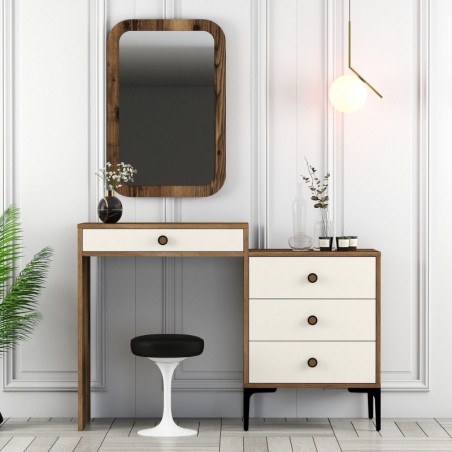 Coiffeuse avec Miroir - 124 x 85 x 40 cm - Noyer et Crème