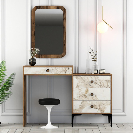 Coiffeuse avec Miroir - 124 x 85 x 40 cm - Noyer et Blanc