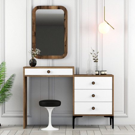 Coiffeuse avec Miroir - 124 x 85 x 40 cm - Noyer et Blanc