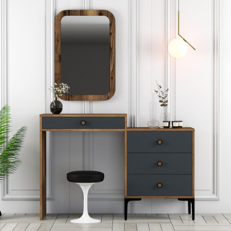 Coiffeuse avec Miroir - 124 x 85 x 40 cm - Noyer et Anthracite