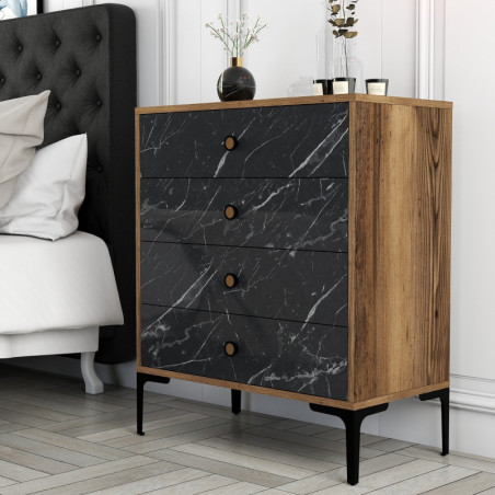 Commode à 4 Tiroirs - 76 x 91 x 40 cm - Noyer et Noir