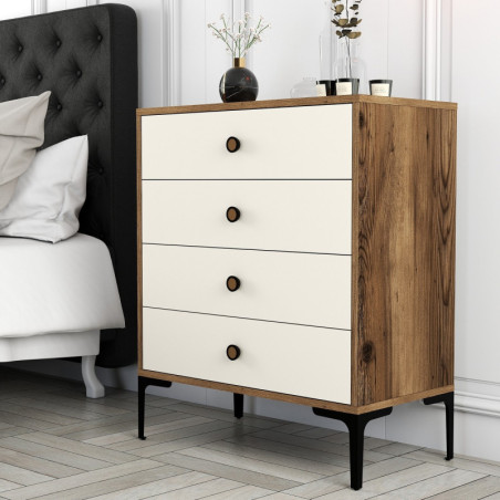 Commode à 4 Tiroirs - 76 x 91 x 40 cm - Noyer et Crème