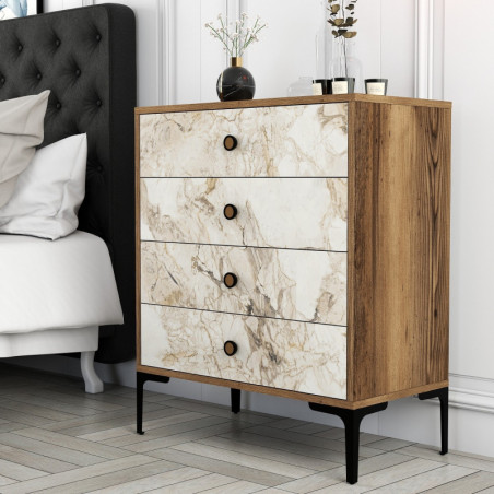 Commode à 4 Tiroirs - 76 x 91 x 40 cm - Noyer et Effet Marbre Blanc