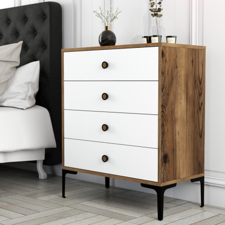 Commode à 4 Tiroirs - 76 x 91 x 40 cm - Noyer et Blanc