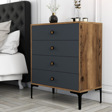 Commode à 4 Tiroirs - 76 x 91 x 40 cm - Noyer et Anthracite