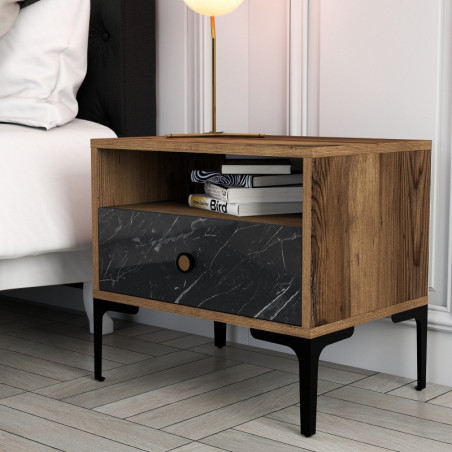Table de Chevet sur Pieds Métalliques - 56 x 51 x 40 cm - Noyer et Noir