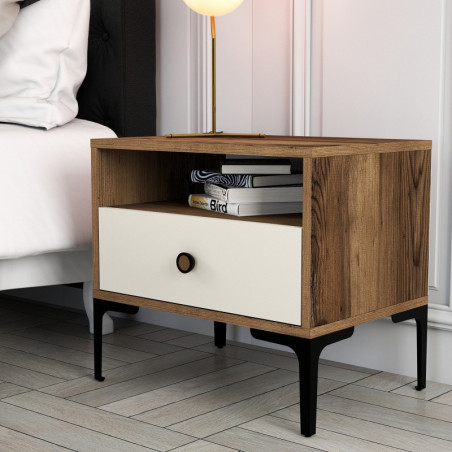 Table de Chevet sur Pieds Métalliques - 56 x 51 x 40 cm - Noyer et Crème