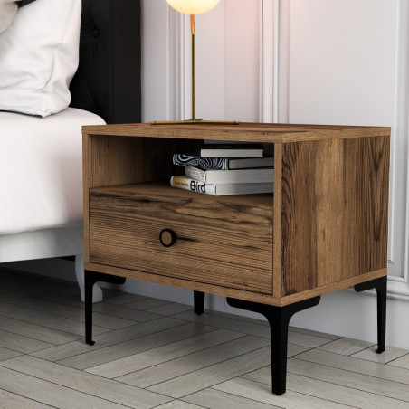 Table de Chevet sur Pieds Métalliques - 56 x 51 x 40 cm - Noyer