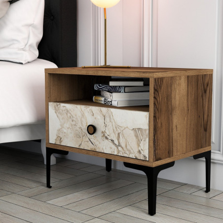 Table de Chevet sur Pieds Métalliques - 56 x 51 x 40 cm - Noyer et Effet Marbre Blanc