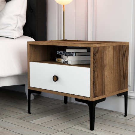 Table de Chevet sur Pieds Métalliques - 56 x 51 x 40 cm - Noyer et Blanc