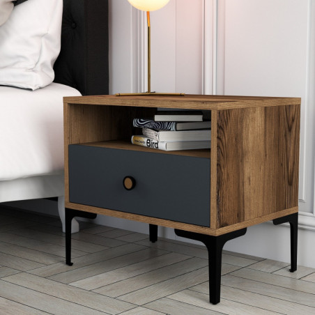 Table de Chevet sur Pieds Métalliques - 56 x 51 x 40 cm - Noyer et Anthracite