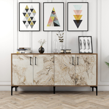 Console d'Entrée avec Étagères - 160 x 78 x 35 cm - Noyer et Effet Marbre Blanc