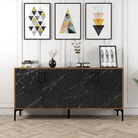 Console d'Entrée avec Étagères - 160 x 78 x 35 cm - Noyer et Effet Marbre Noir